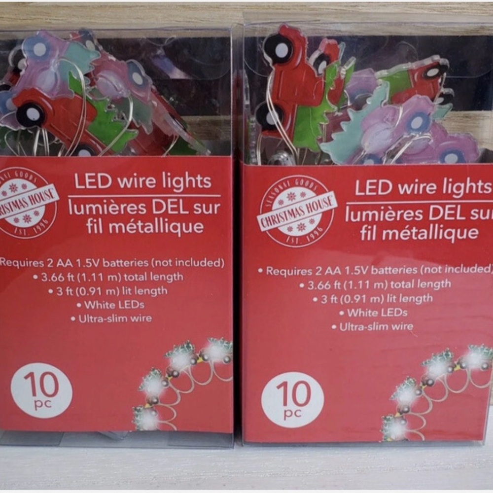 Christmas Farmhouse LED Vintage Red Truck Tree Decor LED Wire Lights Set of 2